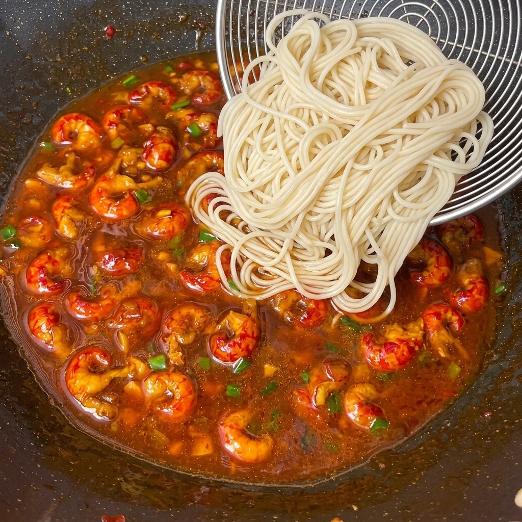 Noodles cotti mescolati nel wok con la salsa di gamberi.