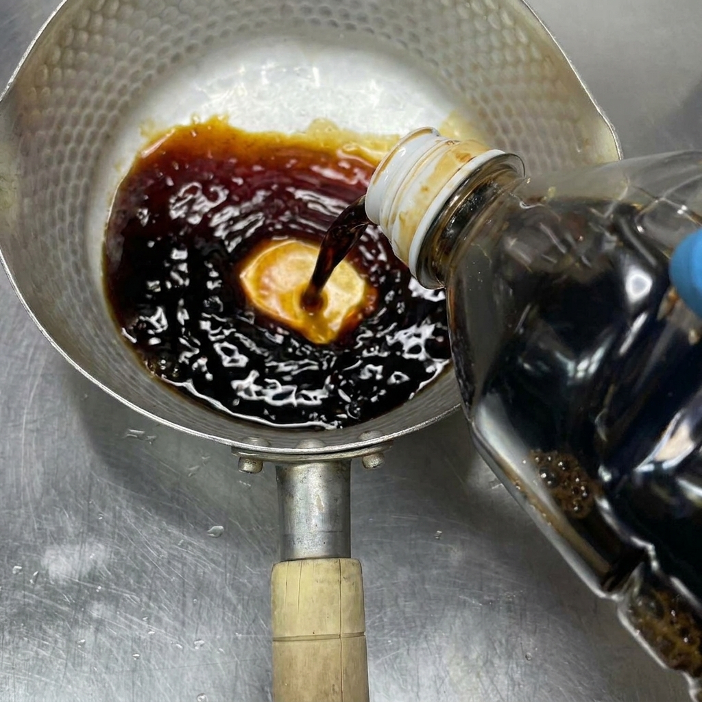 Salsa di soia scura, sake e mirin mescolati in un pentolino metallico.