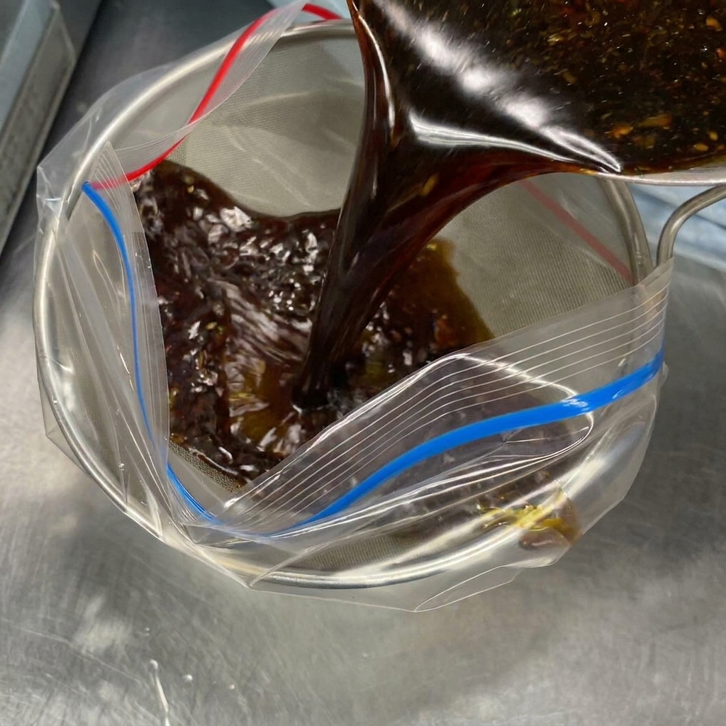 La miscela di soia e pesce versata attraverso un colino a maglie fini in un sacchetto.