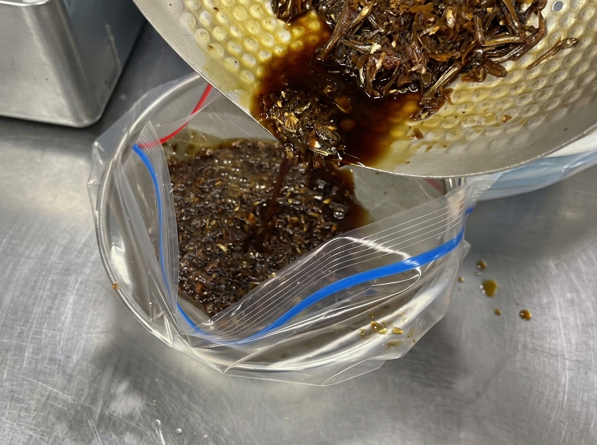 Verdure come cavolo, carote e aromi aggiunti in una grande pentola di brodo in ebollizione.