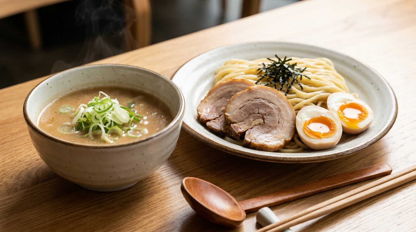 Una ciotola di cremoso brodo Tsukemen servita con noodles freddi, uova barzotte e tenero maiale chashu.