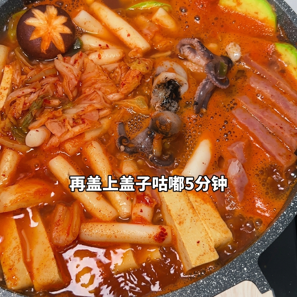 Una pentola fumante di stufato coreano con noodles istantanei in cottura al centro e una fetta di formaggio fuso in cima.