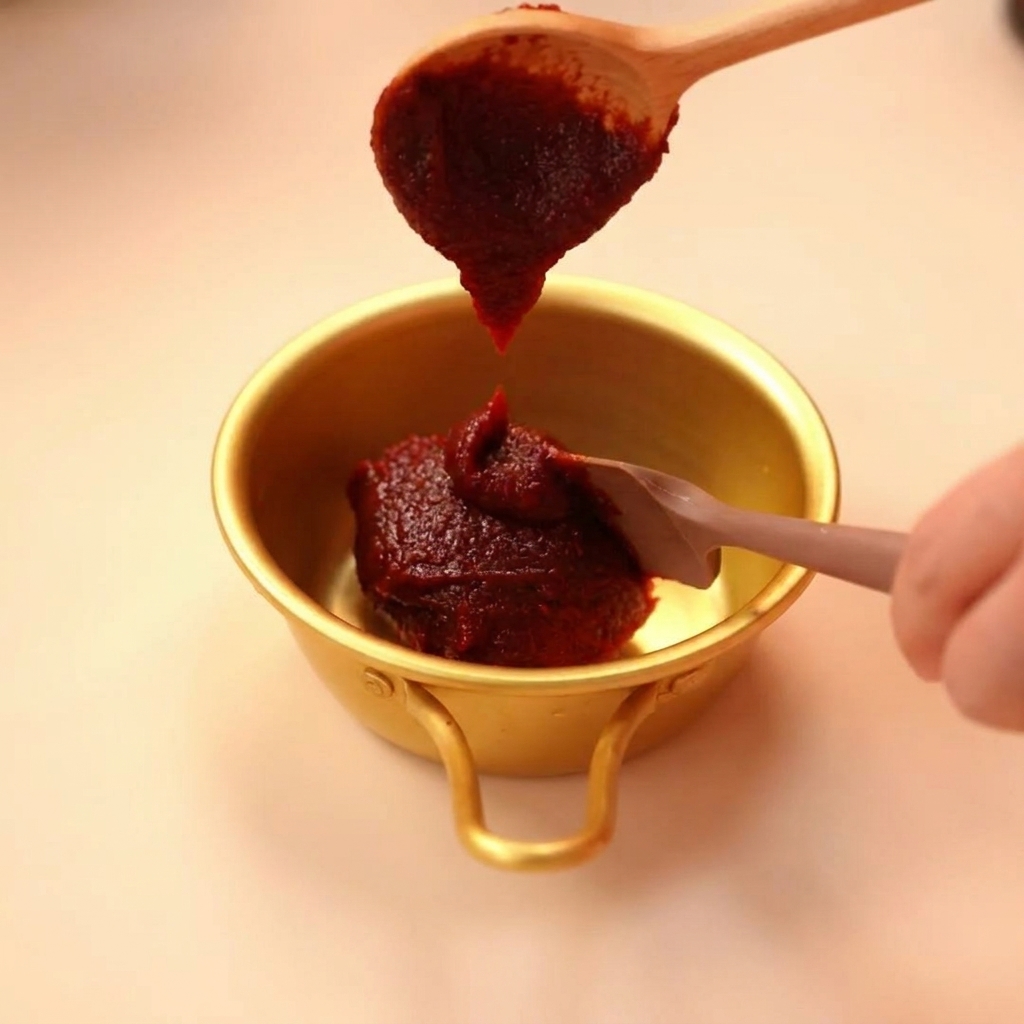 Un cucchiaio di legno che versa della densa pasta di peperoncino coreana in una piccola ciotola dorata.