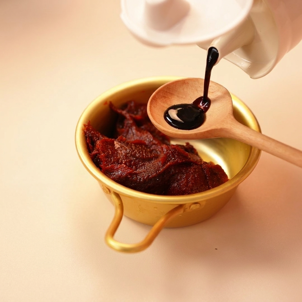 Salsa di soia scura che cola da una bottiglia su un cucchiaio di legno sopra una ciotola con pasta di peperoncino.