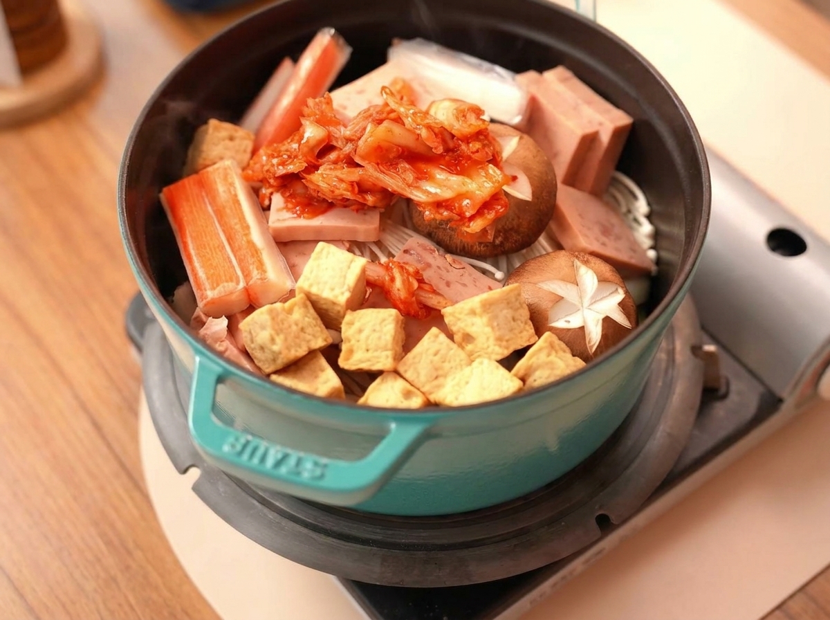 Un mucchietto di kimchi rosso brillante posizionato al centro degli ingredienti crudi.