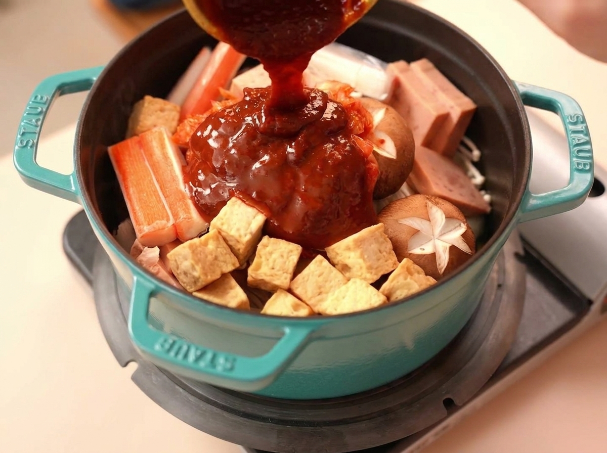 Salsa densa rosso scuro versata da una ciotola gialla sopra il centro dello stufato.