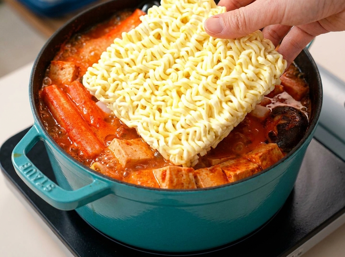 Una mano che immerge un panetto di noodles ramen secchi in una pentola di stufato in ebollizione.