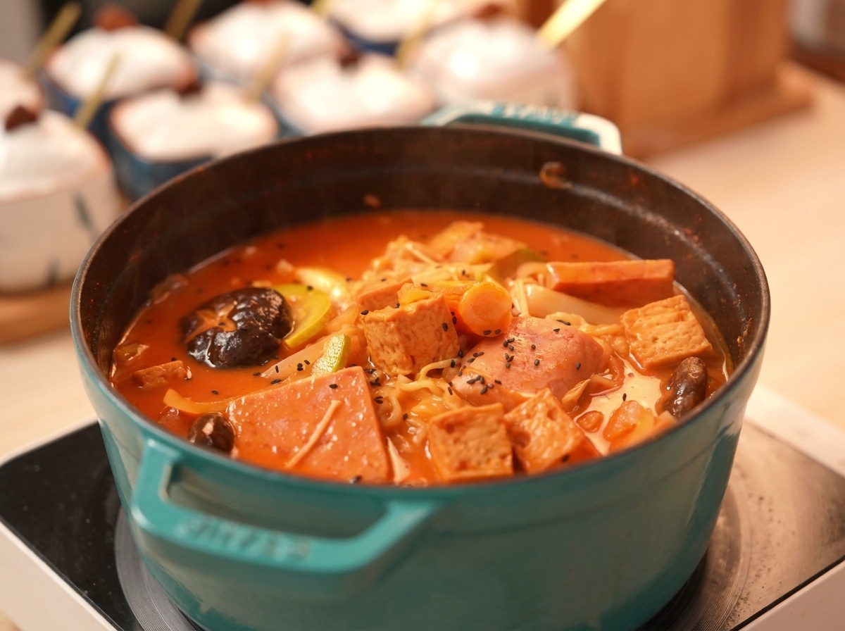 Una pentola finita di Budae Jjigae con Spam, tofu, funghi e noodles, guarnita con semi di sesamo nero.