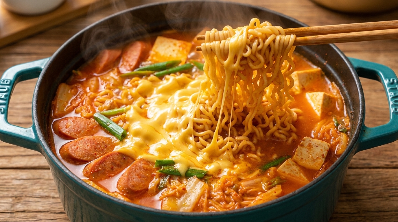 Un abbondante Budae Jjigae in una pentola color verde acqua, arricchito da formaggio fuso, Spam saporito e noodles istantanei.