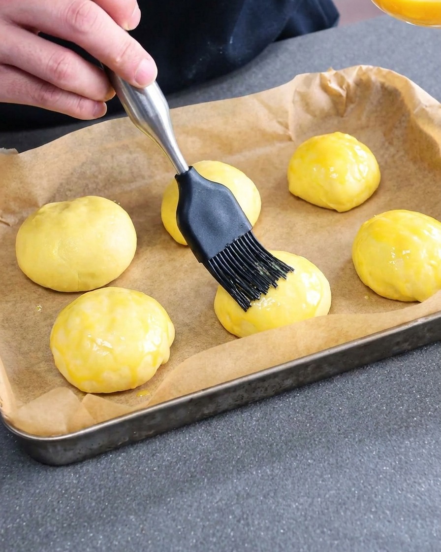 Panini crudi su una teglia coperta di carta forno, spennellati con uovo.