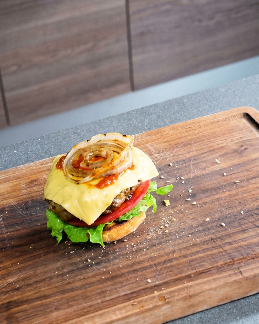 Hamburger appena assemblato con lattuga, pomodoro, carne, formaggio fuso e cipolle grigliate.
