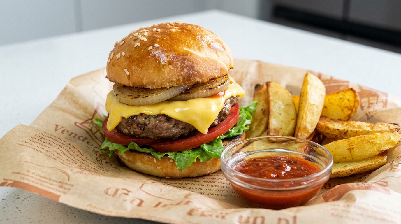 Un cheeseburger gourmet appena assemblato con formaggio fuso, lattuga croccante e pomodoro fresco, accompagnato da patate dorate e ketchup.