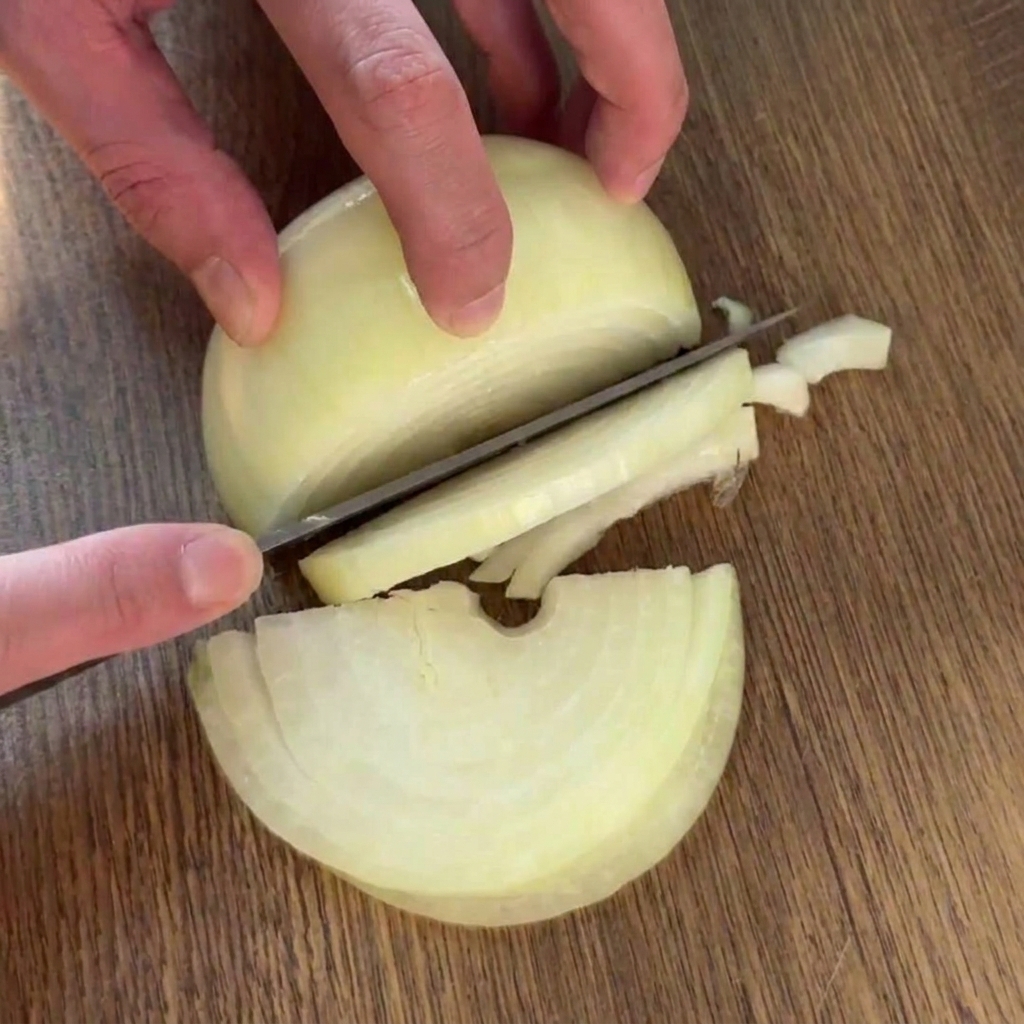 Una persona che affetta una cipolla dorata a metà in strisce uniformi a mezzaluna con un coltello da chef su un tagliere.