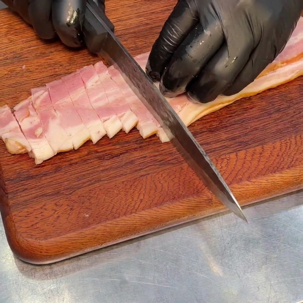 Piccoli cubetti uniformi di pancetta affumicata disposti su un tagliere di legno rustico.