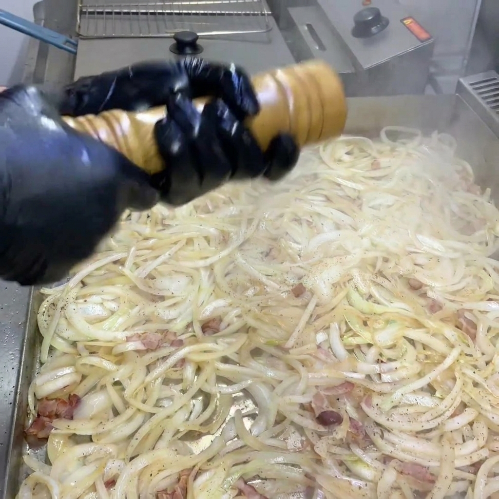 Pepe nero macinato fresco sopra un mix di cipolle caramellanti e pancetta croccante su una piastra.