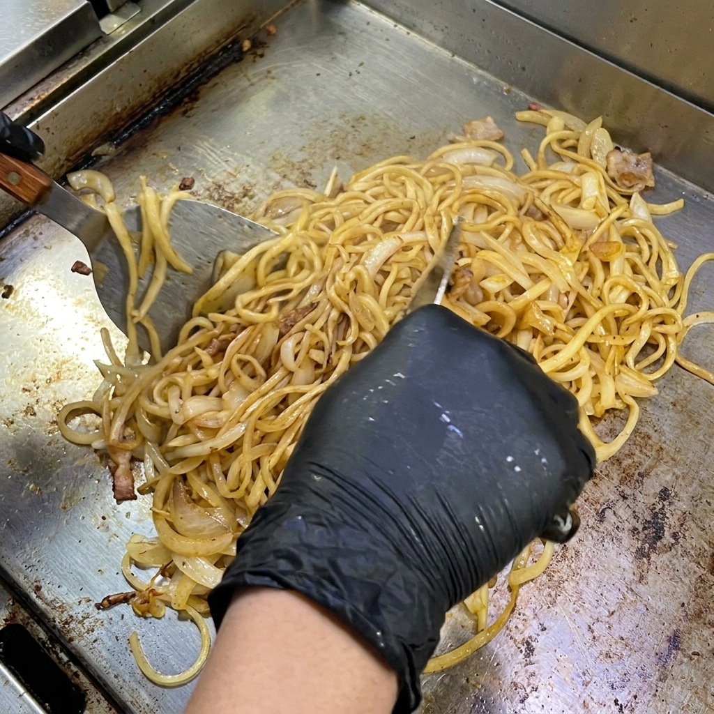Un primo piano di pezzetti di pancetta e cipolle affettate che rosolano e caramellano insieme sulla piastra.