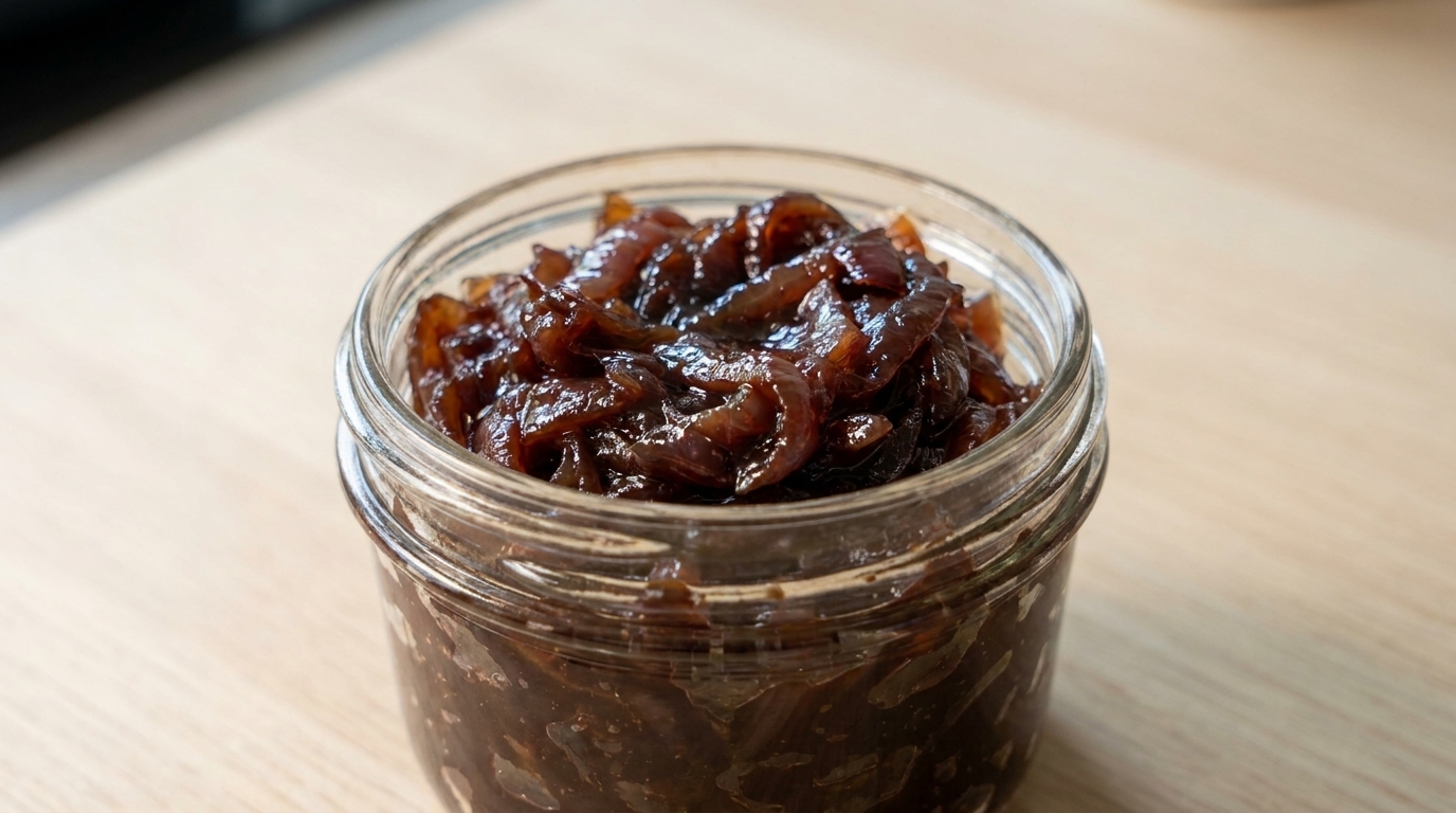 Marmellata di cipolle caramellate al vino rosso fatta in casa, scura, lucida e perfettamente ridotta.