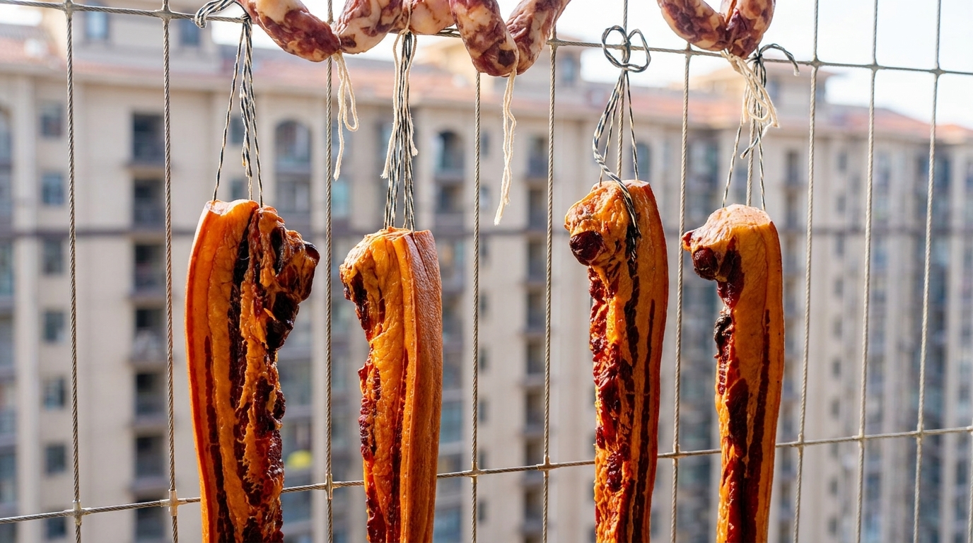 Pancetta saporita curata alla soia appesa ad asciugare per ottenere un aroma intenso e profondo.