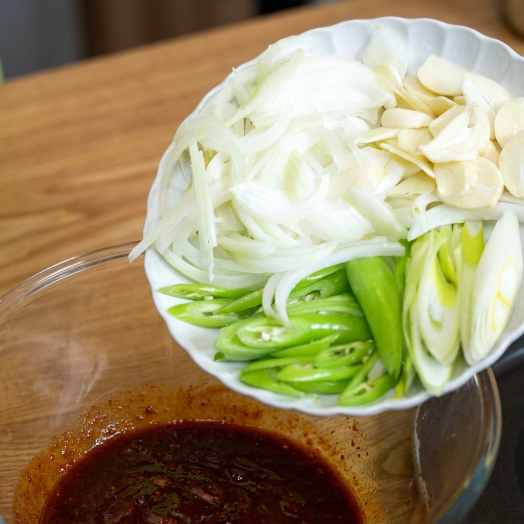 Un mix di aromi affettati tra cui aglio, peperoncini verdi e cipolle aggiunti alla ciotola.