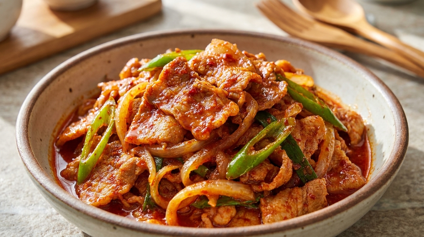 Una ciotola di pancetta di maiale saltata piccante, lucida grazie alla glassa al peperoncino e arricchita con cipolle e cipollotti freschi.