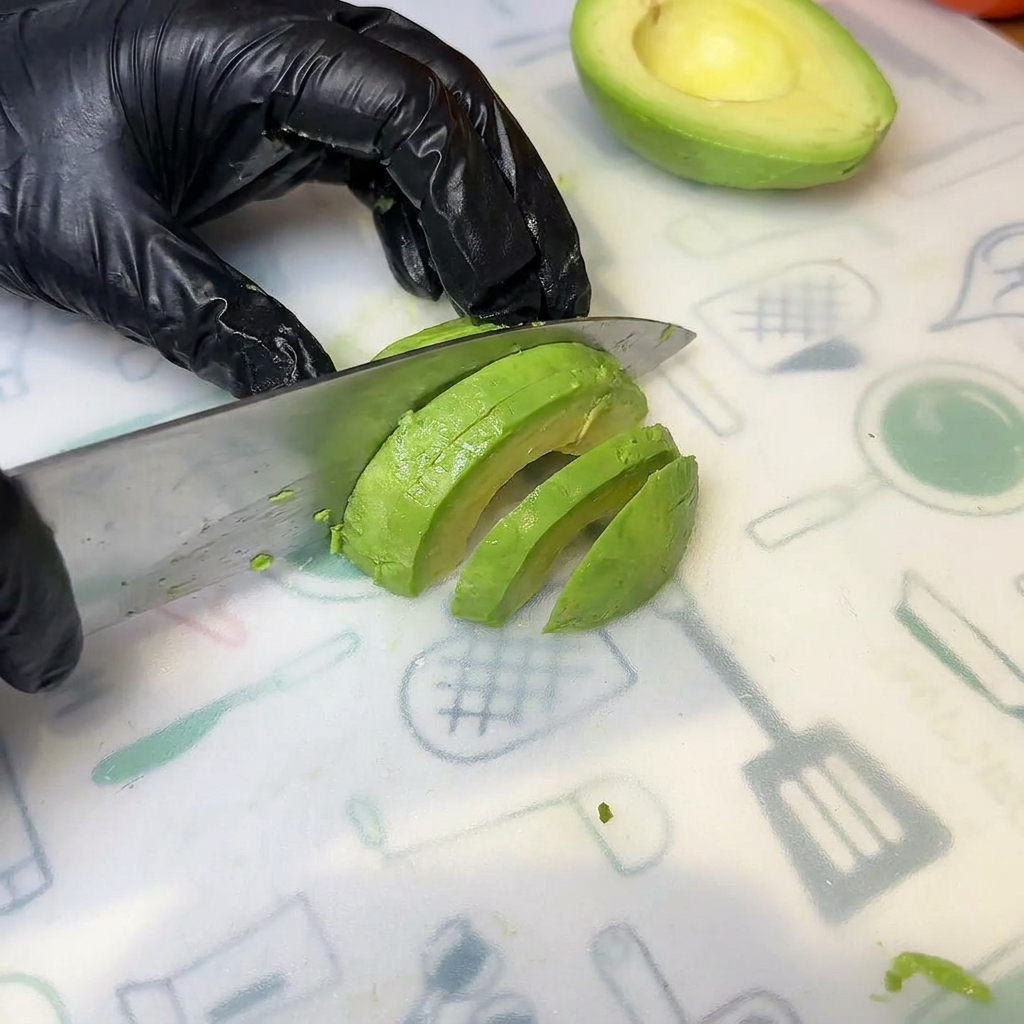 Fette di avocado fresco e maturo su un tagliere, pronte per essere usate come guarnizione.