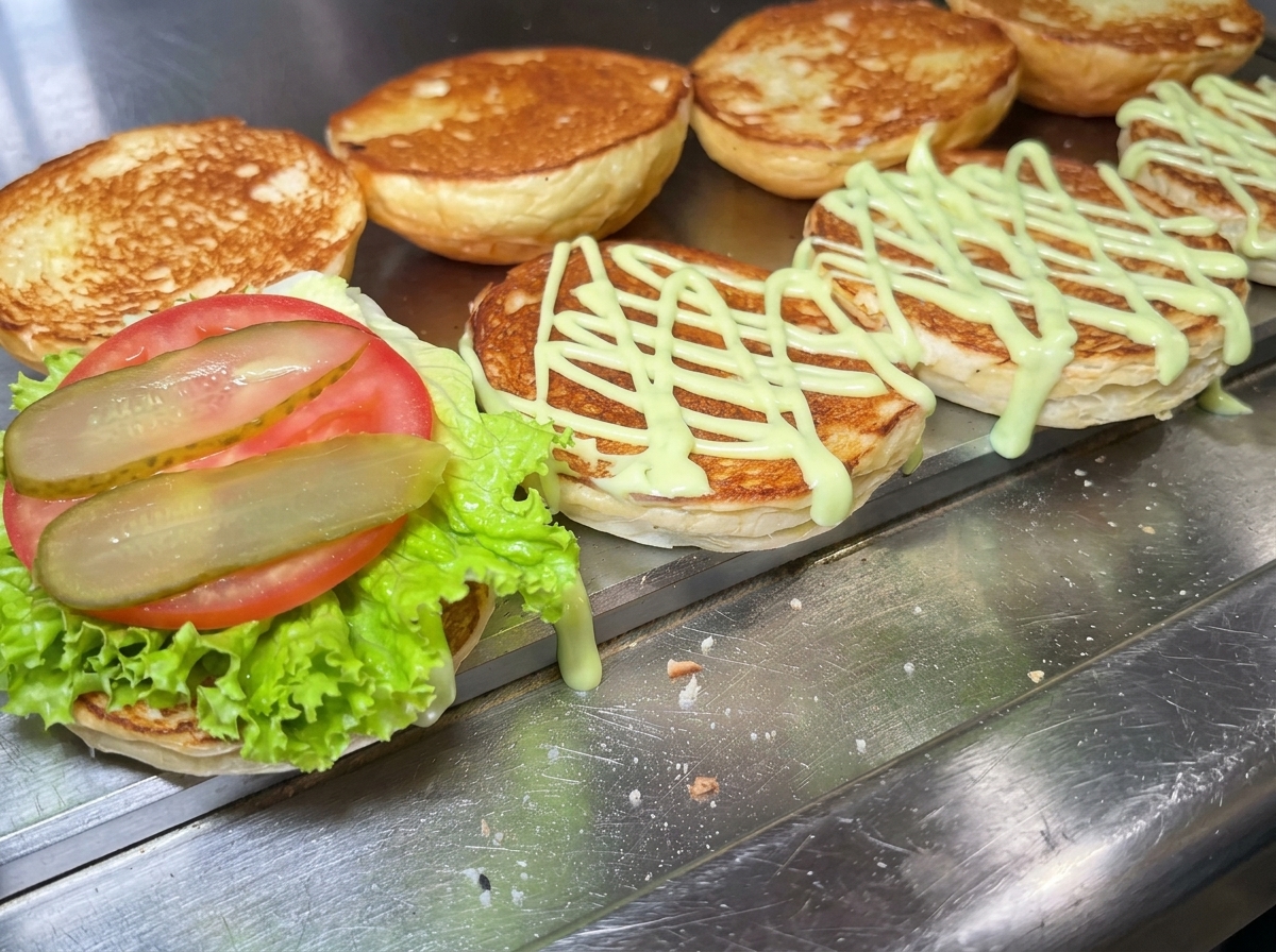 Un panino tostato sulla piastra con strati di lattuga, pomodoro e cetriolini, accanto ad altri panini con salsa allavocado.