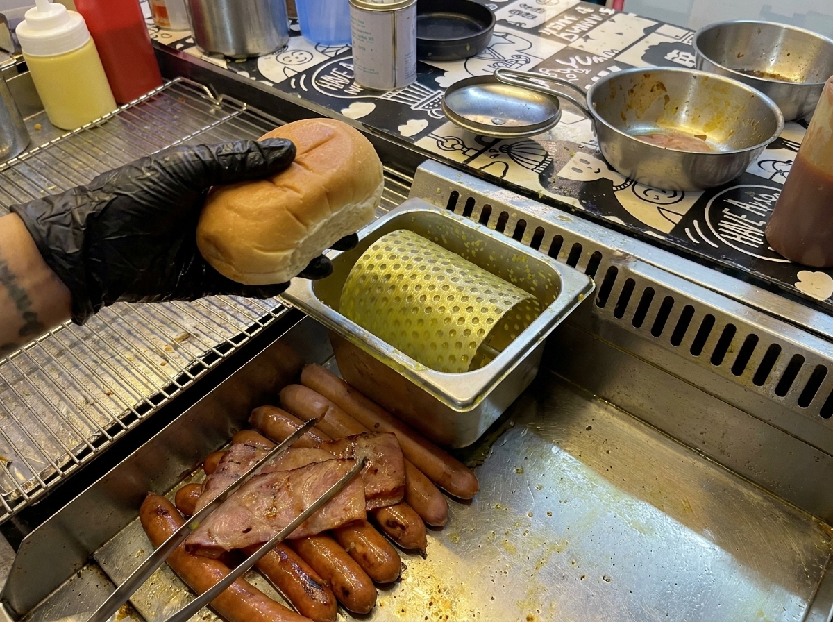 Metà del panino da hamburger imburrate e tostate su una piastra di metallo rovente.