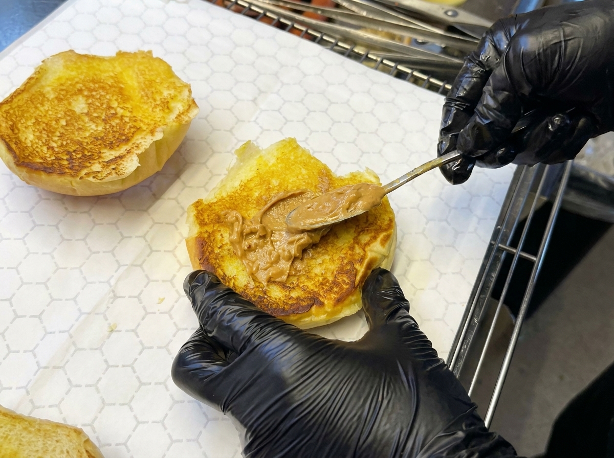 Una metà del panino tostato viene spalmata con burro di arachidi, con aggiunta di salsa sopra.