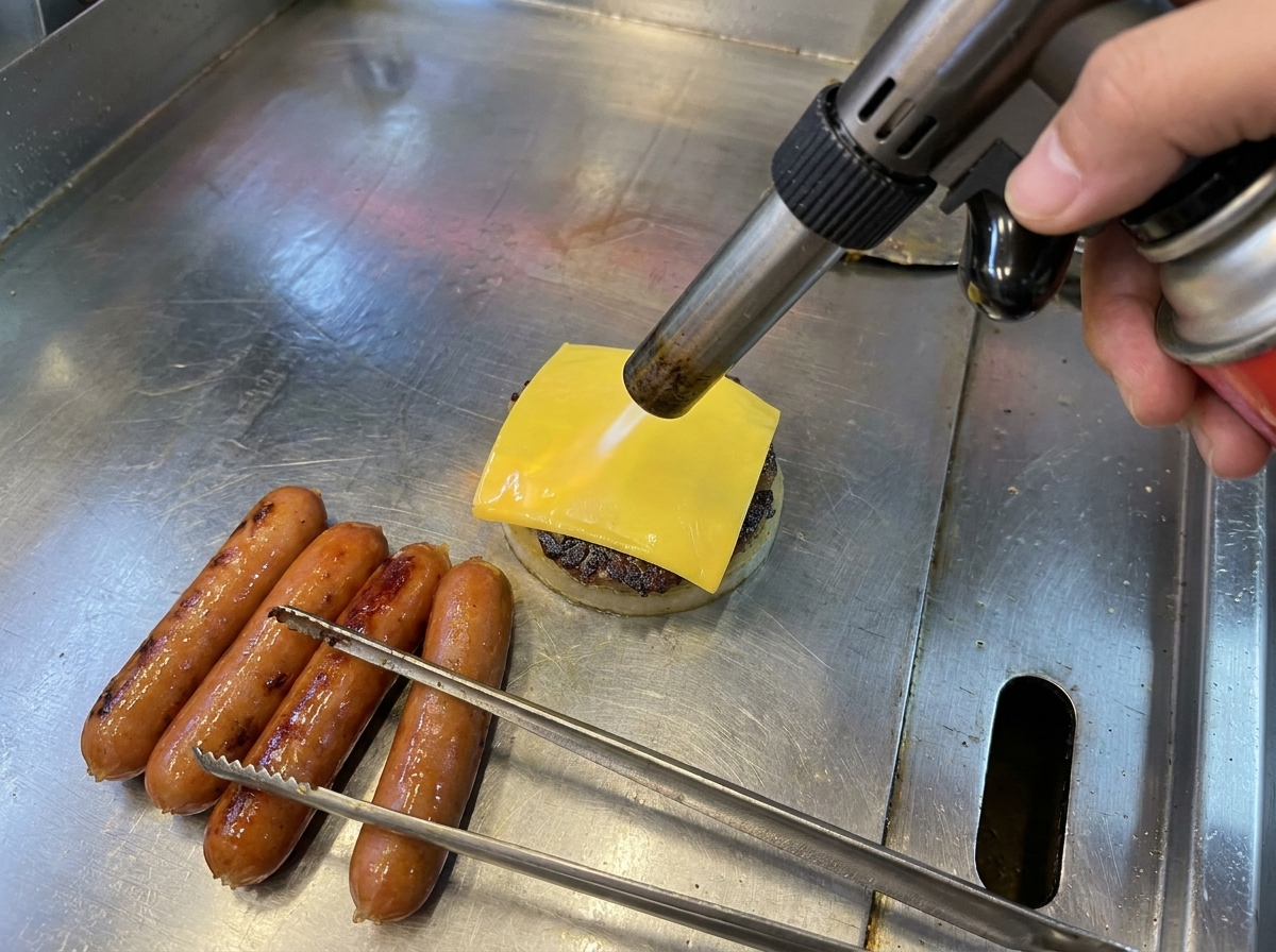Primo piano di una fetta di formaggio che si scioglie su un hamburger su una piastra piatta, riscaldata da un cannello da cucina.
