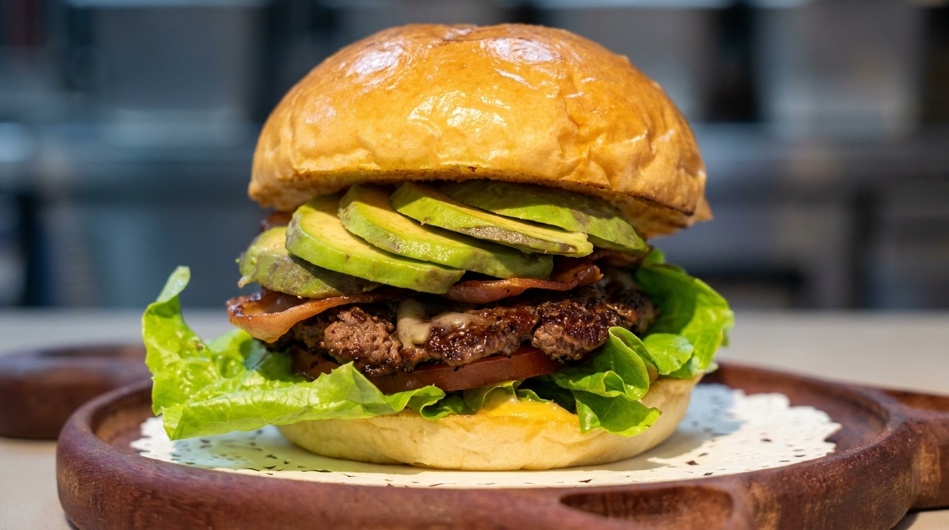 Un hamburger gourmet con manzo, bacon croccante e fettine di avocado fresco su un panino brioche tostato.