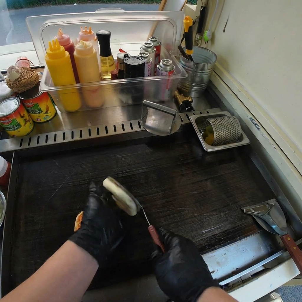 Un hamburger di manzo crudo che sfrigola in una padella calda, mostrando una doratura sui bordi.