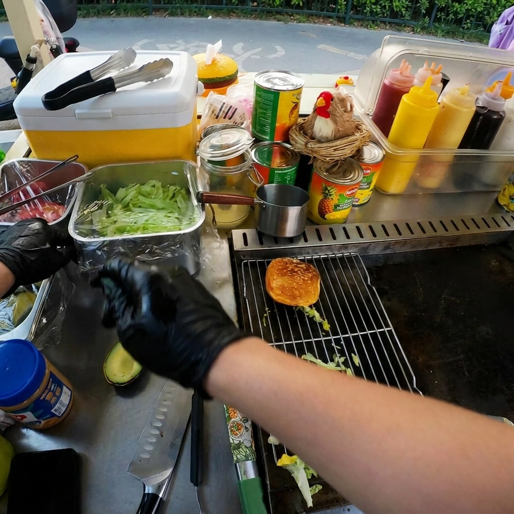 Un hamburger di manzo rosolato appoggiato su un panino tostato.