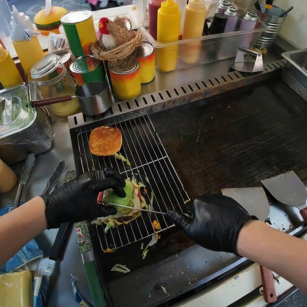 Fettine di avocado verde disposte con cura sopra un hamburger di manzo cotto.