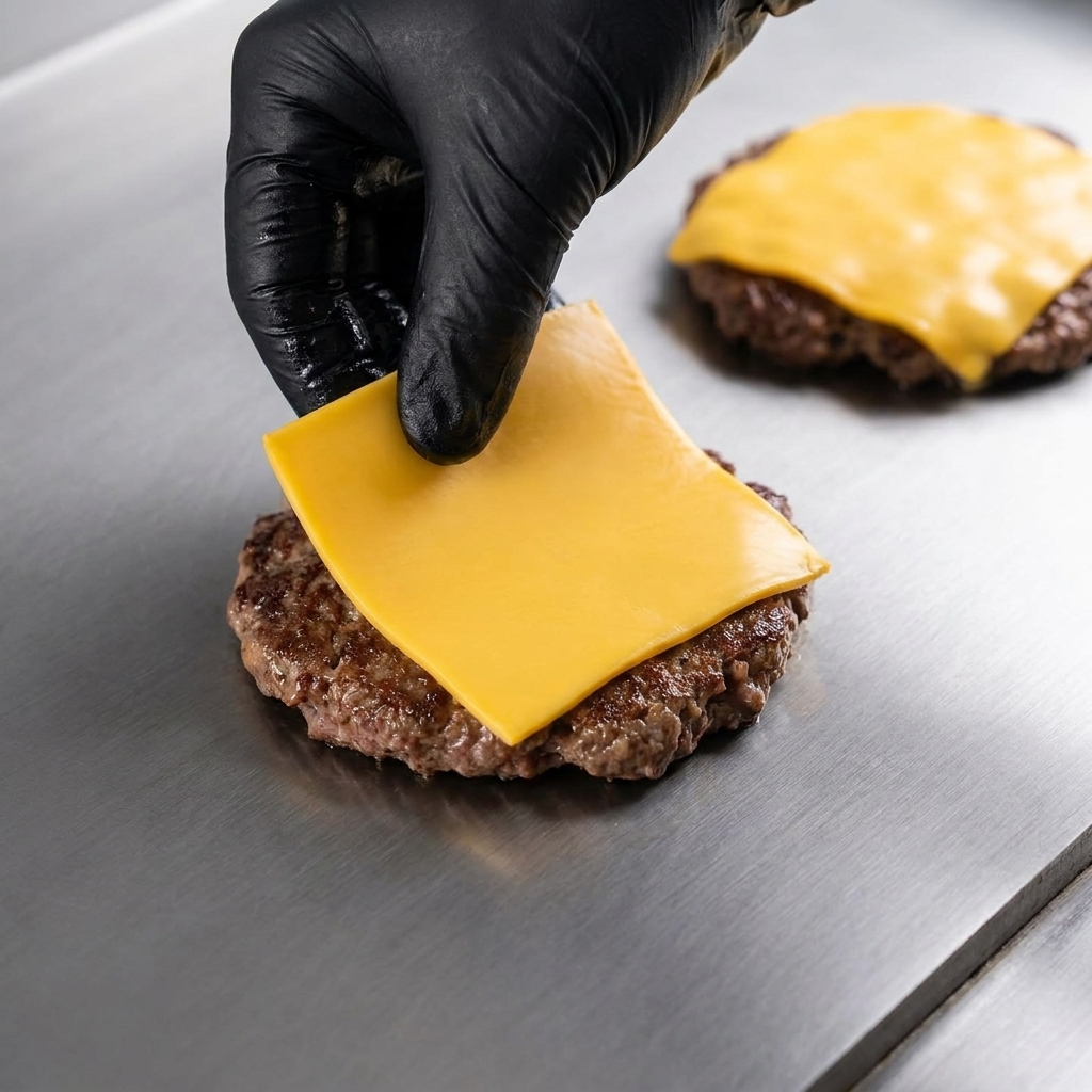 Fette di cheddar giallo che si fondono sopra gli hamburger sulla piastra.
