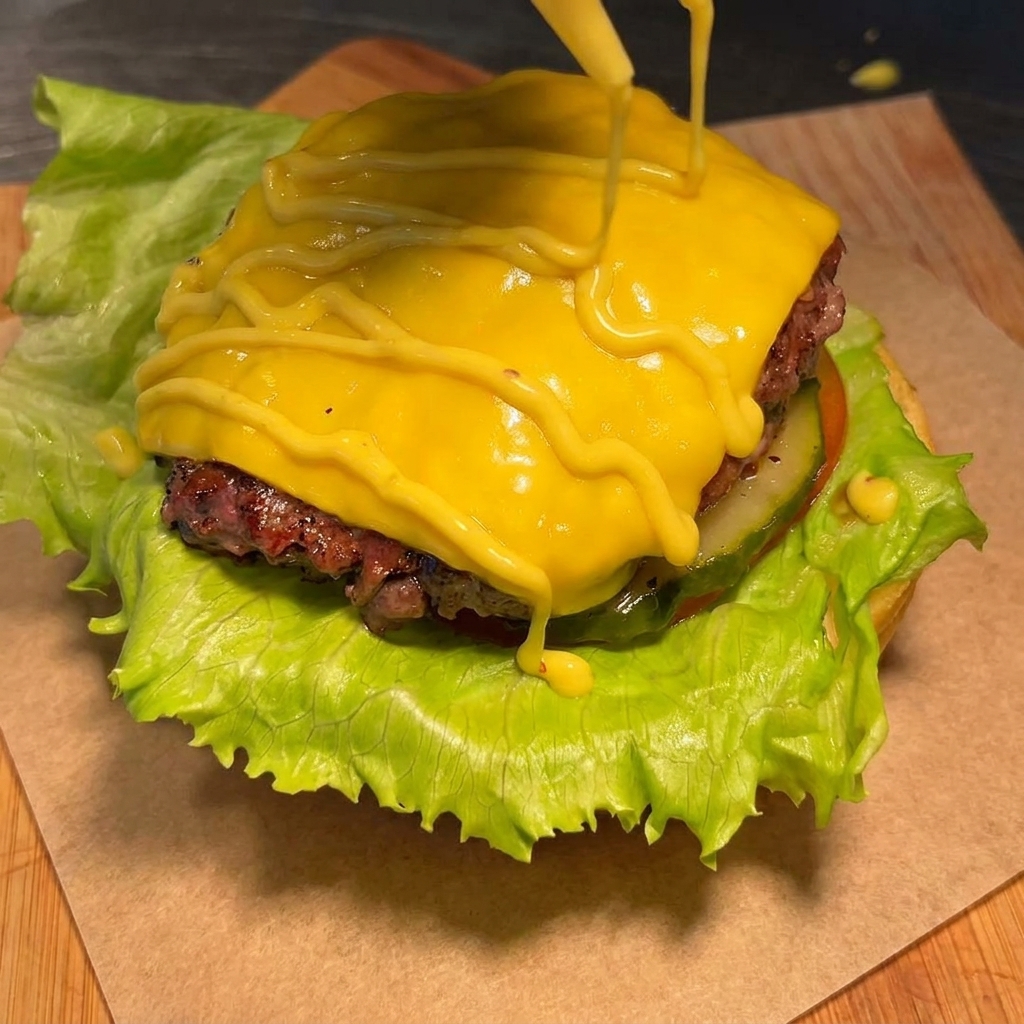 Senape gialla che viene versata a spirale sullhamburger.