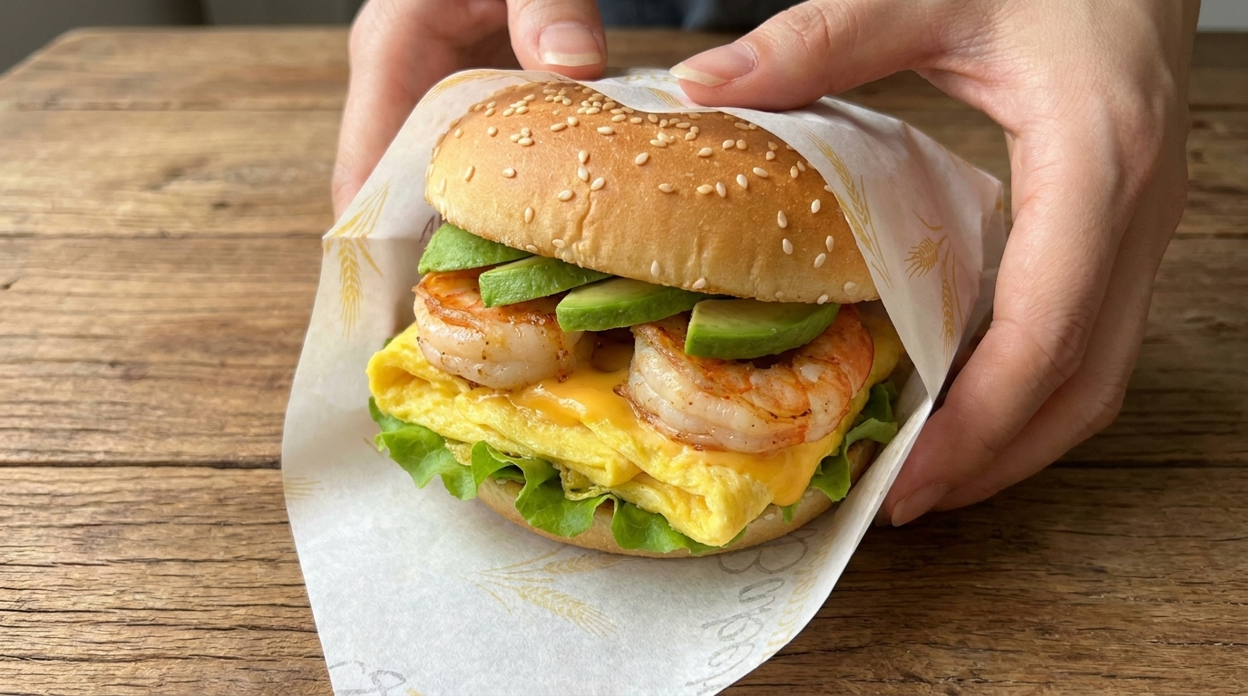 Burger per la Colazione con Gamberi, Avocado e Uova