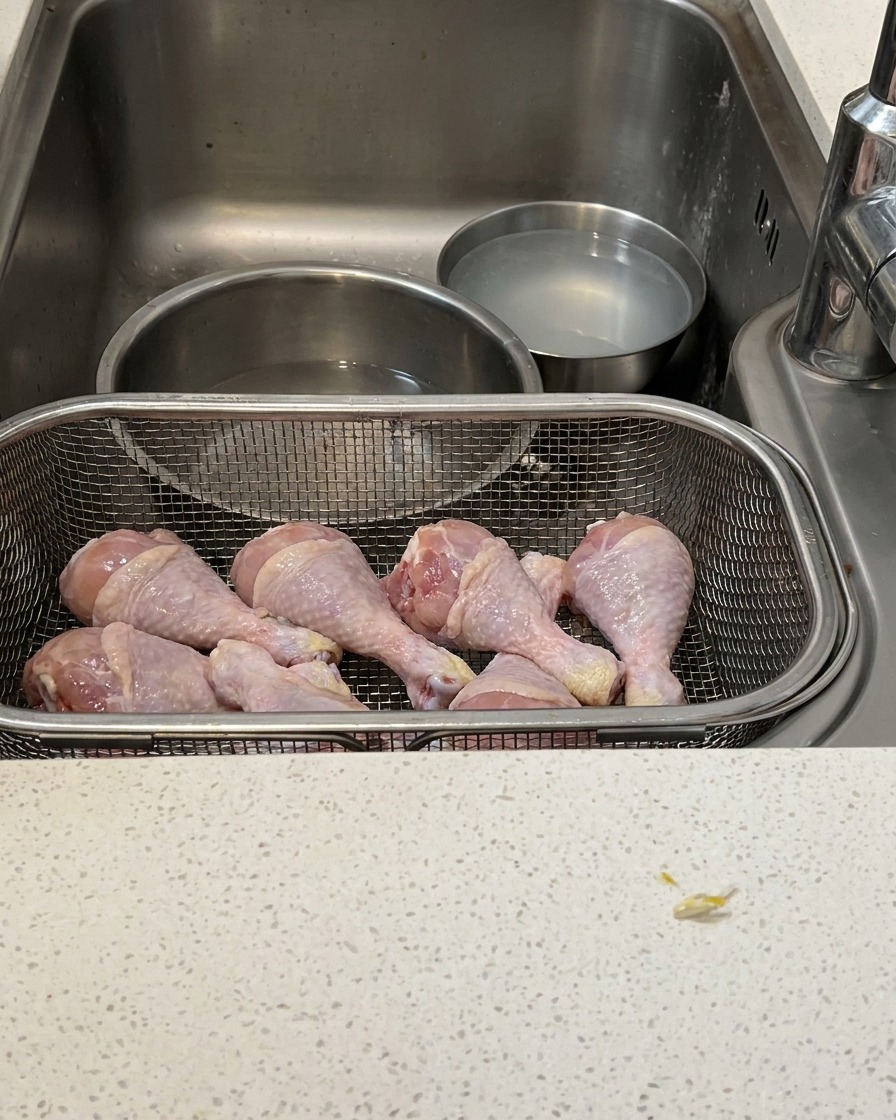 Una sovracoscia di pollo cruda che viene disossata con cura usando forbici da cucina su uno scolapasta in acciaio inox.