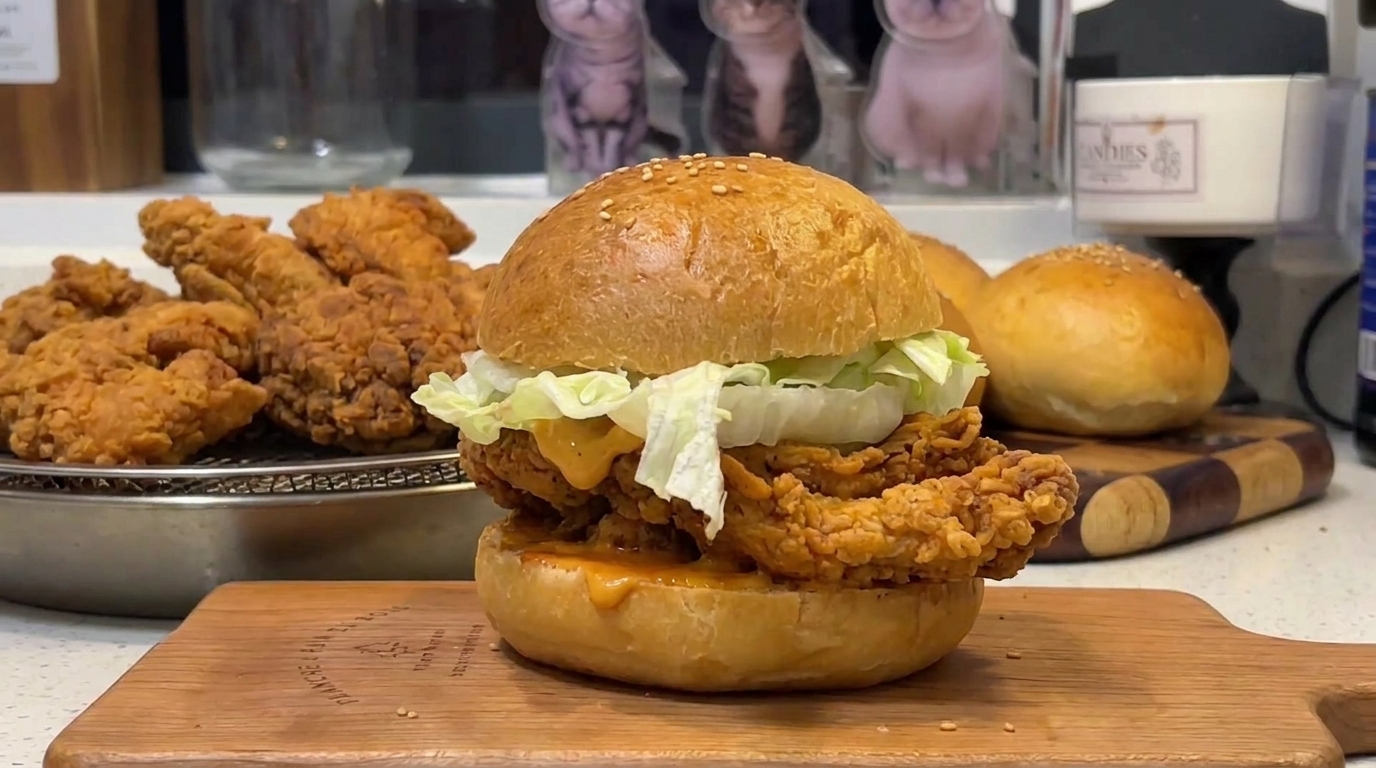Burger di Pollo Fritto Piccante e Croccante Fatto in Casa