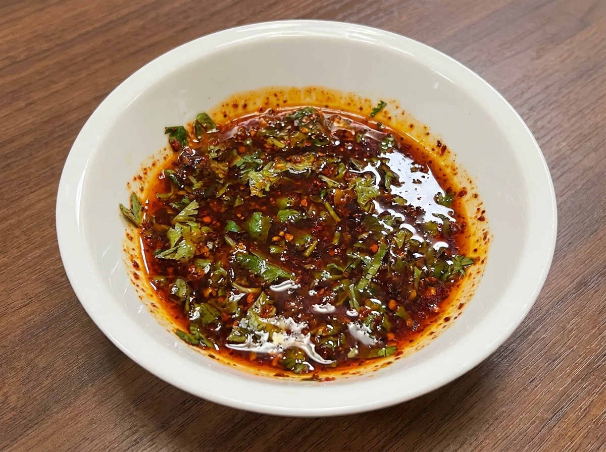 Una piccola ciotola bianca contenente gli ingredienti della salsa, tra cui olio, erbe e spezie.
