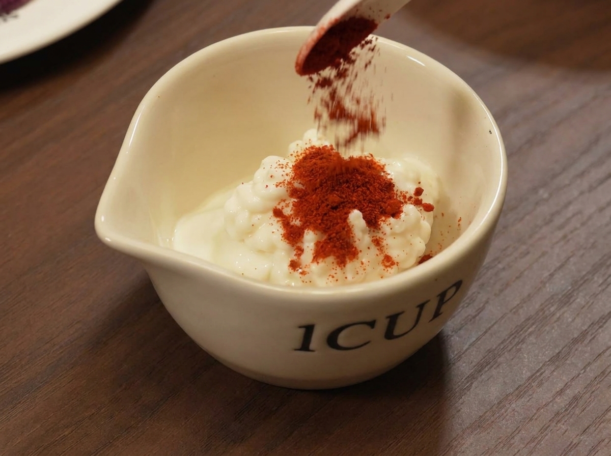 Salsa cremosa mescolata in una ciotolina bianca con un cucchiaio.