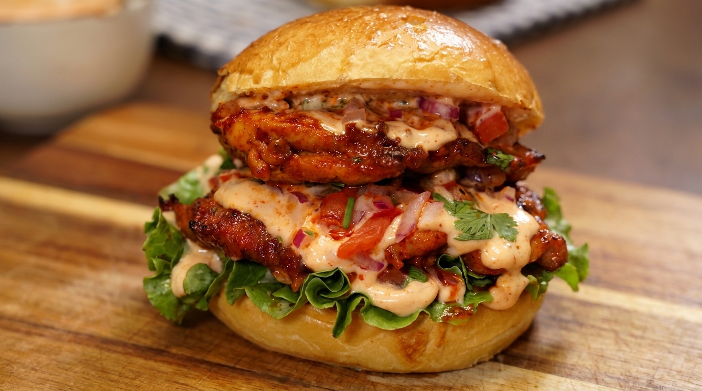 Un hamburger di pollo grigliato speziato in stile messicano, servito con salsa fresca e una crema vellutata.