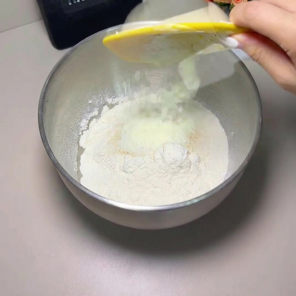 Ingredienti secchi versati in una grande ciotola di metallo.