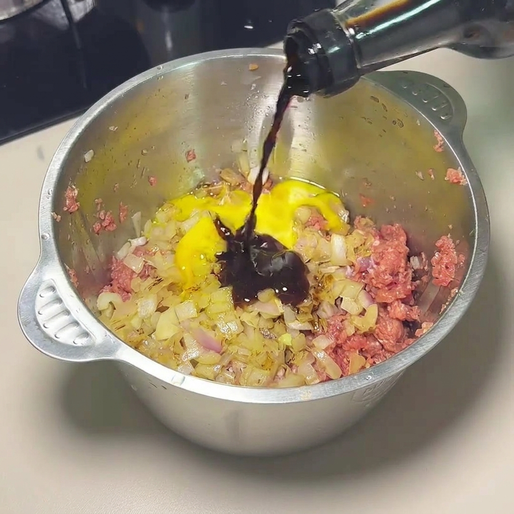 Salsa di soia scura versata da una bottiglia in una ciotola di metallo con manzo macinato crudo, cipolle tritate e un uovo.