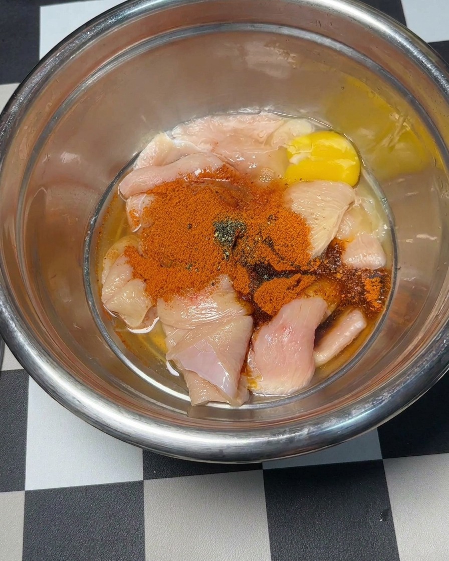 Un uovo crudo aggiunto nella ciotola con il pollo condito.