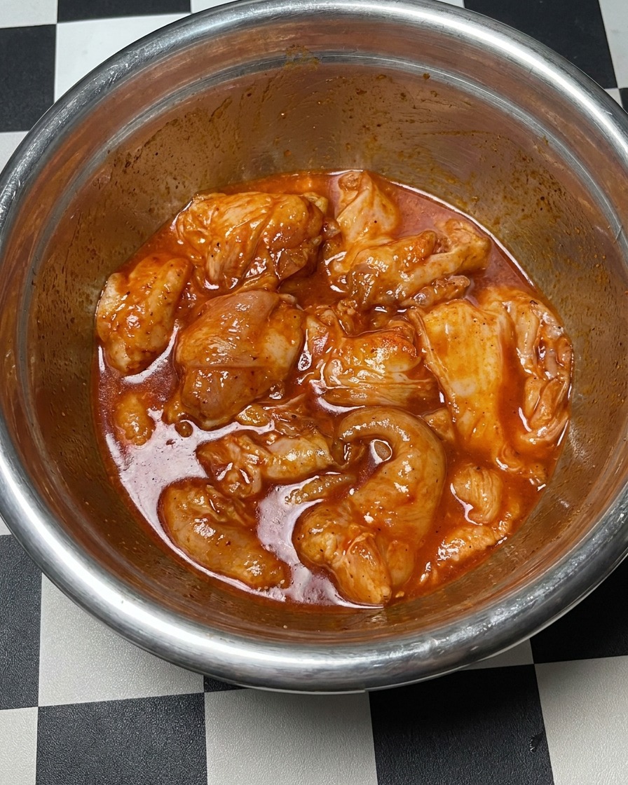 Ciotola con pollo condito coperta saldamente con pellicola trasparente.