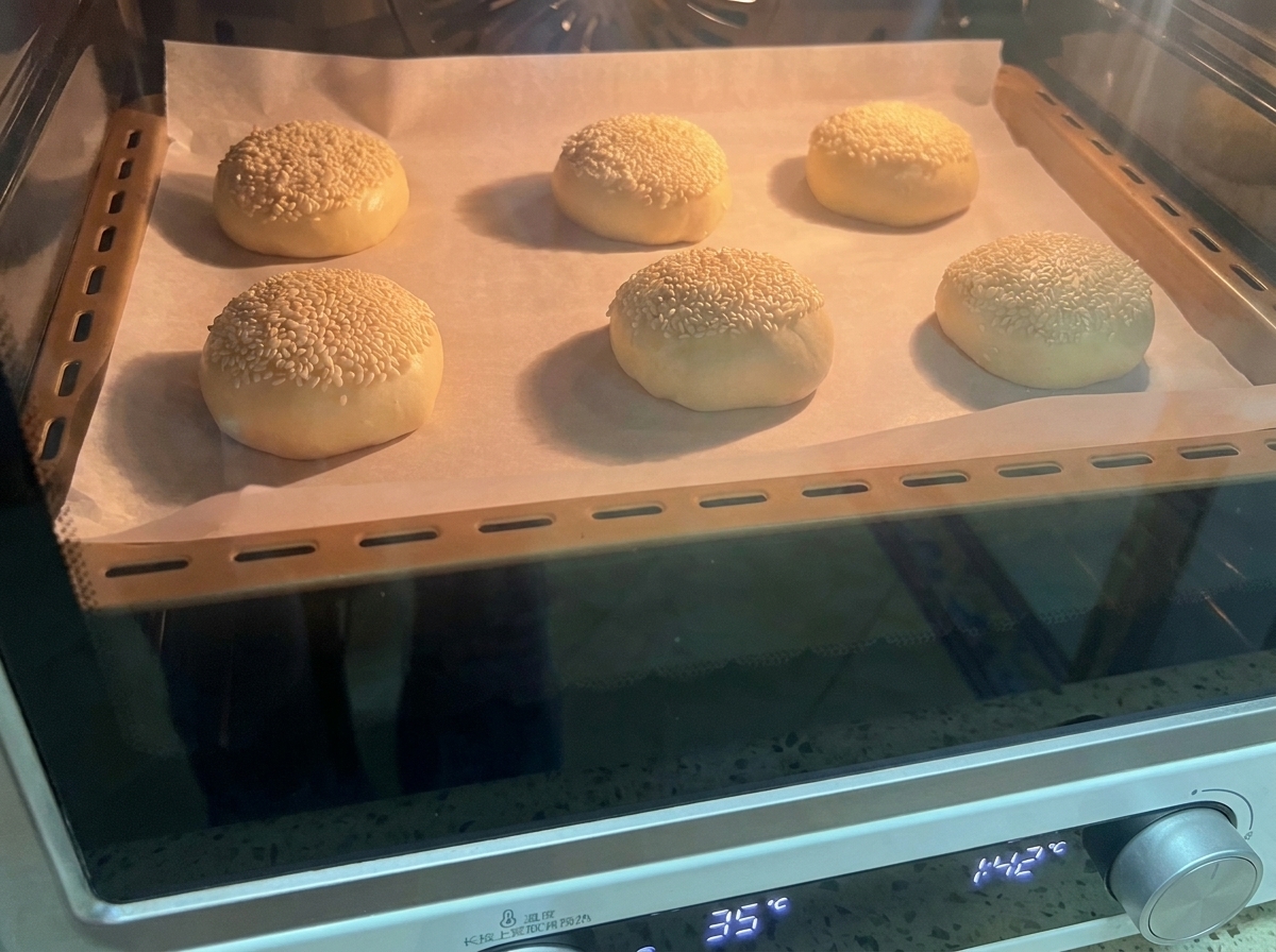 Un vassoio di sei palline di impasto guarnite con semi di sesamo appoggiate su una teglia allinterno di un forno.