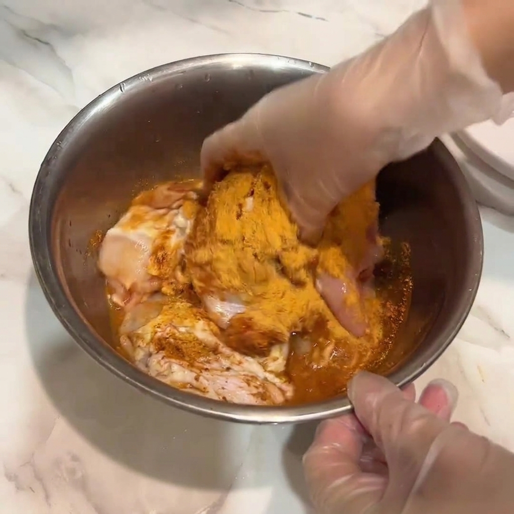 Mani con guanti che mescolano pezzi di pollo crudo in una miscela di marinatura rossa allinterno di una ciotola di metallo.