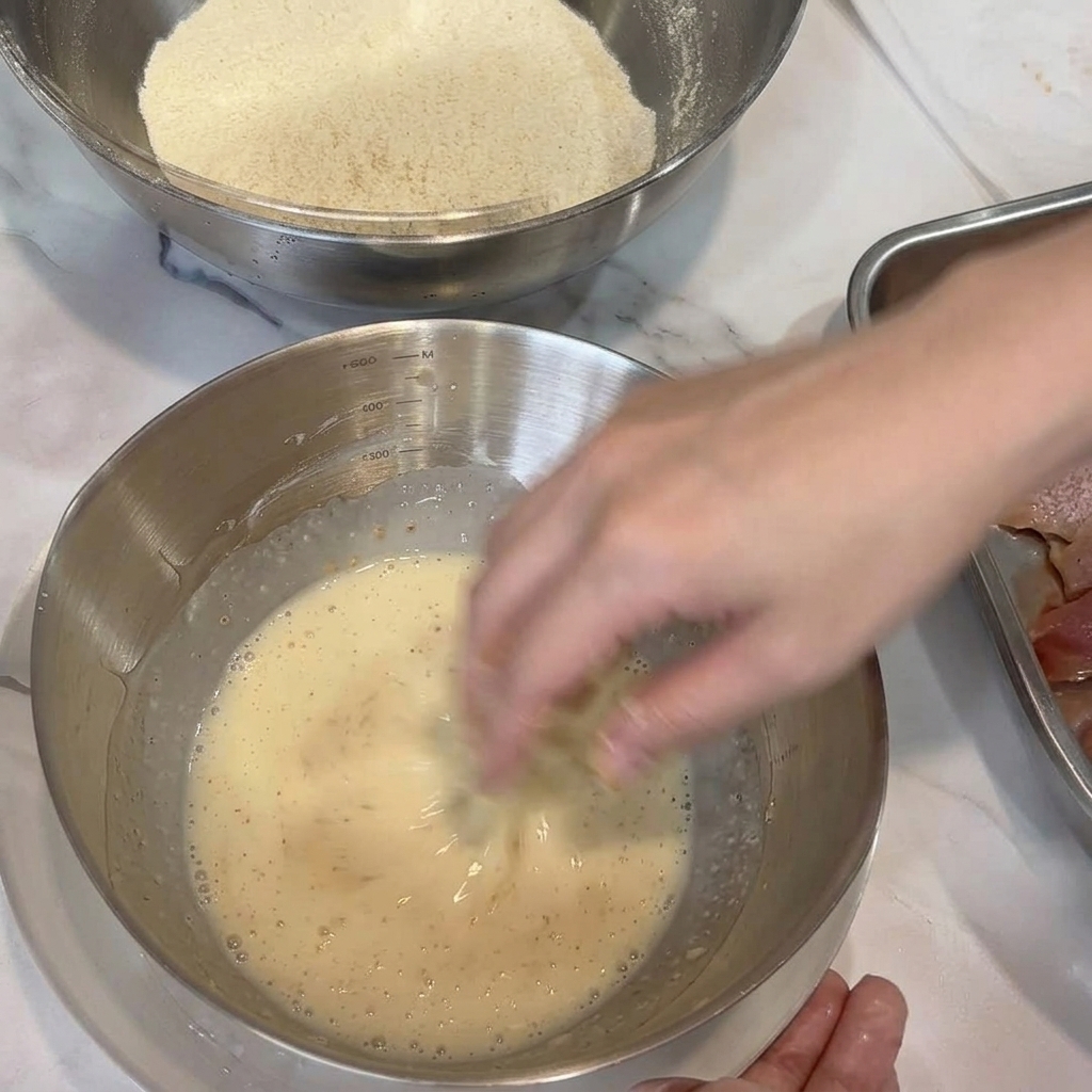 Una mano che immerge un pezzo di pollo crudo marinato in una pastella liquida dentro una ciotola di metallo.