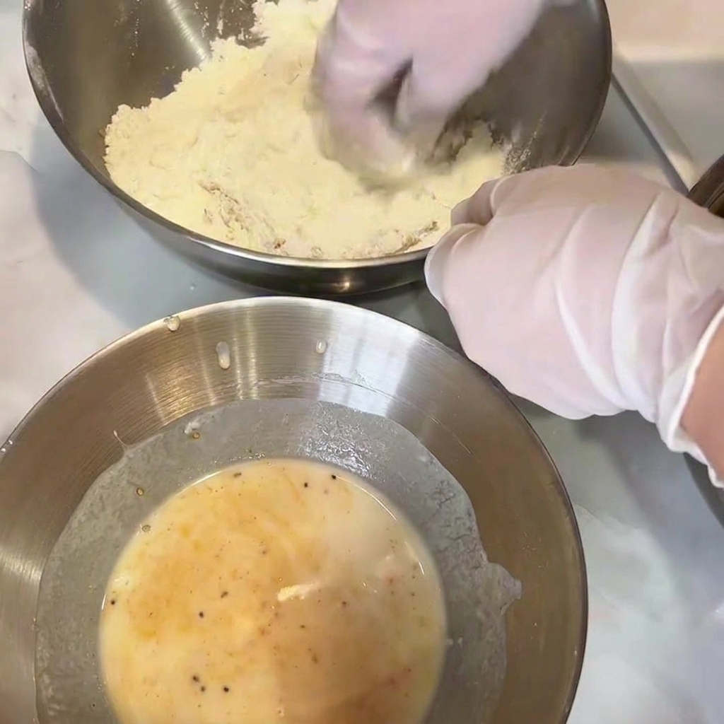 Mani con guanti che impanano accuratamente un pezzo di pollo pastellato in una ciotola di metallo riempita di farina secca.