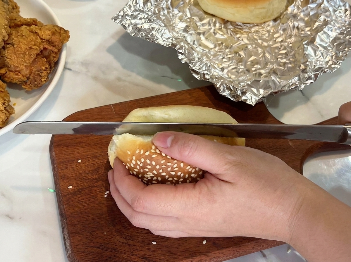 Taglio di un panino al sesamo cotto a metà orizzontalmente su un tagliere di legno con un coltello.